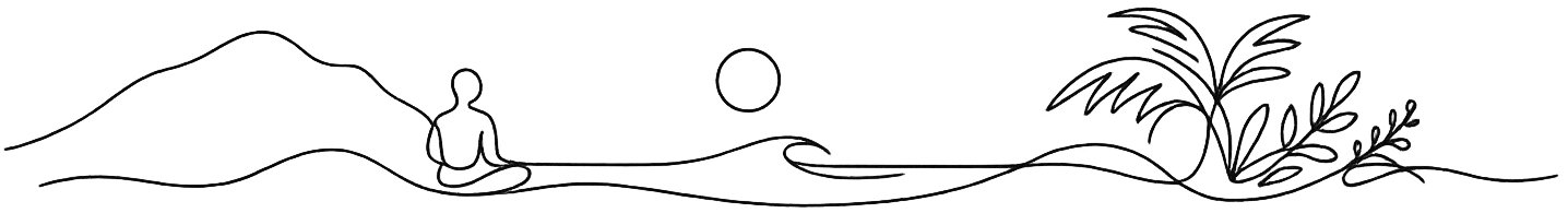 Continuous line illustration: mountain, meditating figure, sea and tropical vegetation of Puerto López